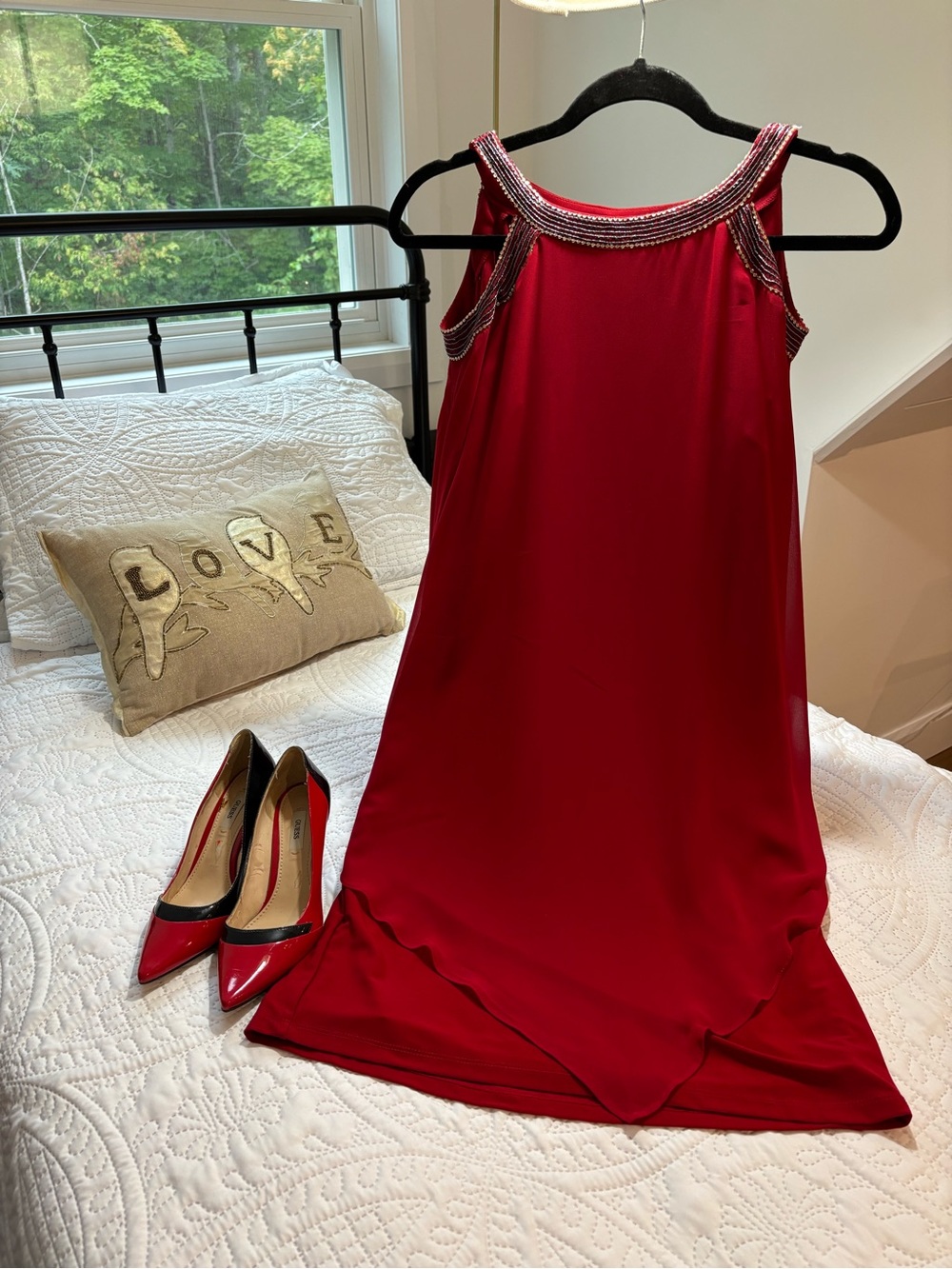 Elegant Red Midi Dress with Embellished Neckline